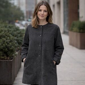 NWT TAHARI T Faux Suede Duster Snap Front Jacket Cardigan Coat Charcoal Grey S/P